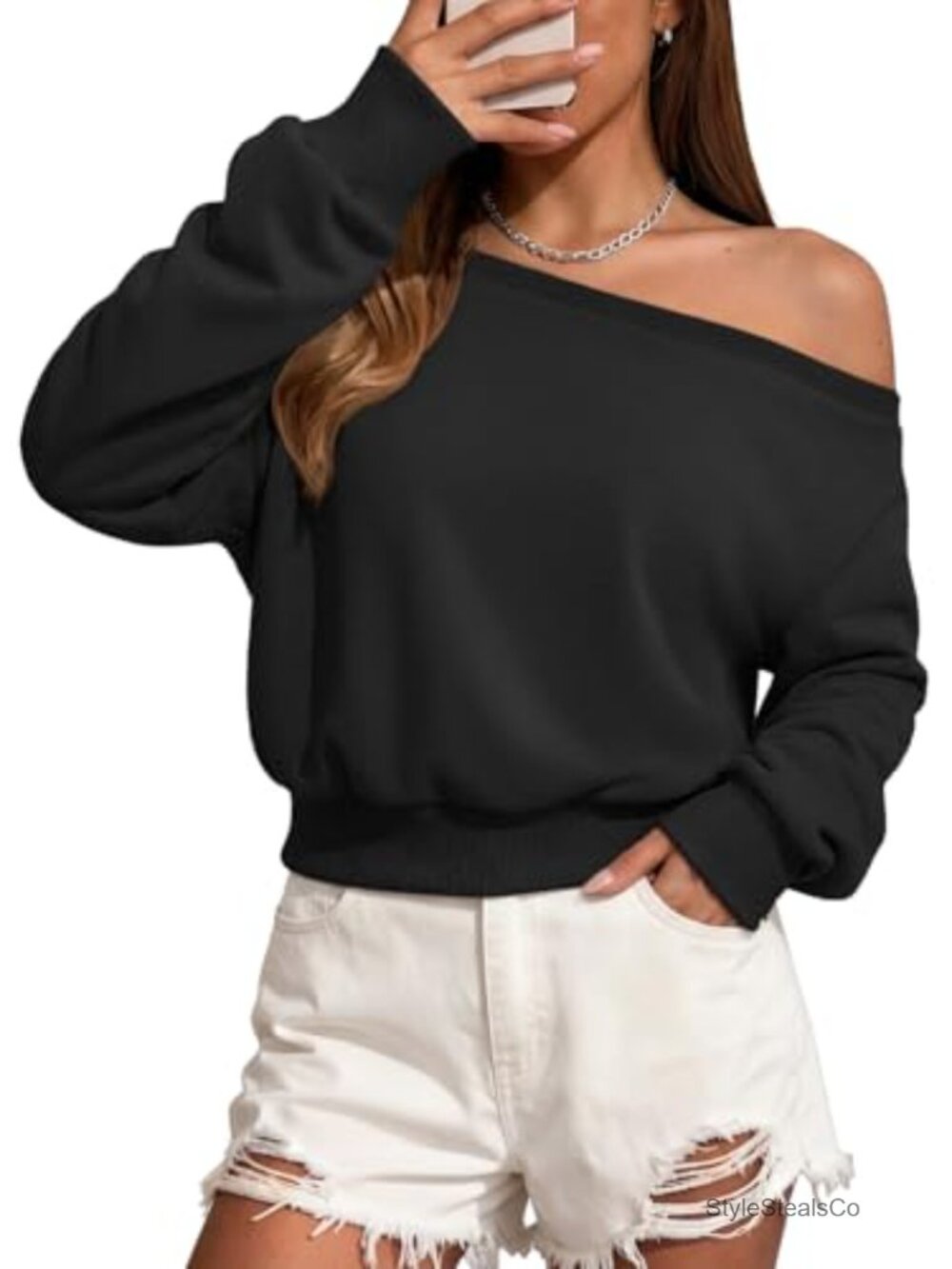 Womens Off the Shoulder Sweatshirt Cotton Polyester Crop Top Long Sleeve